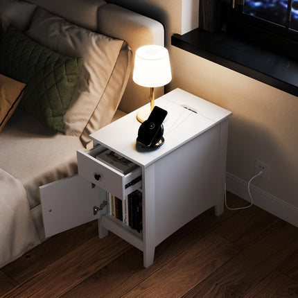 Dreamade Nightstand with Charging Station, Flip Top End Table w/USB Ports & Outlets, Modern Side Table w/Storage Drawer