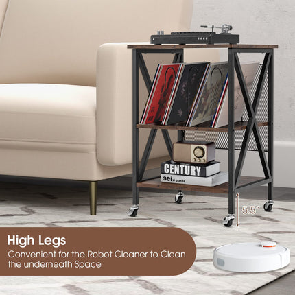 Dreamade Record Player Stand, Vinyl Record Storage Table w/ 3 M-shaped Dividers & 4 Rolling Wheels, Rustic Brown