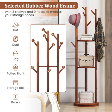 Dreamade Coat Rack Freestanding, Wooden Rotary Coat Tree w/ 3 Display Storage Shelves & 9 Hooks