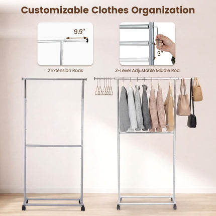 Dreamade Extendable Double-Rod Rolling Clothing Rack for Hanging Clothes