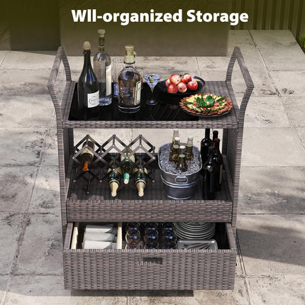 Dreamade Rolling Wicker Cart W/Shelves and Big Drawer for Dining Room