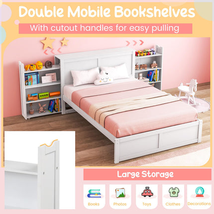 Dreamade Full Bed Frame with Twin Trundle, Wooden Bed Wooden Bed Frame with 2 Rolling Bookcases & High Headboard