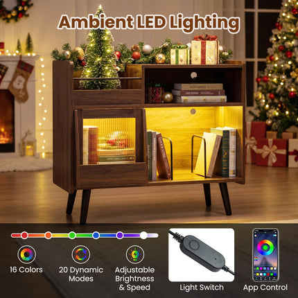 Dreamade Record Player Stand with LED Light and Power Outlets Large Turntable Stand with Sliding Door