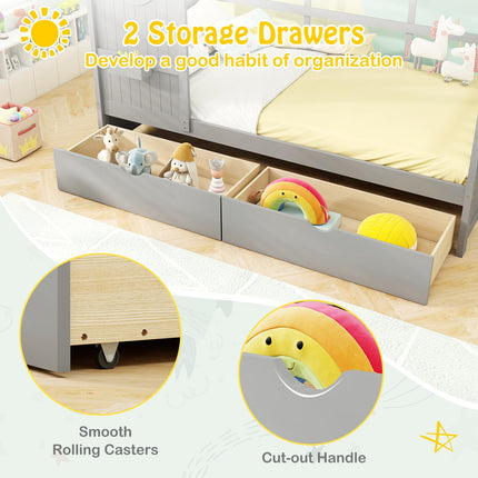 Dreamade Twin House Bed with 2 Storage Drawers, Kids Bed Frame with Storage Cubes, Montessori Bed with Fence Guardrails & Roof