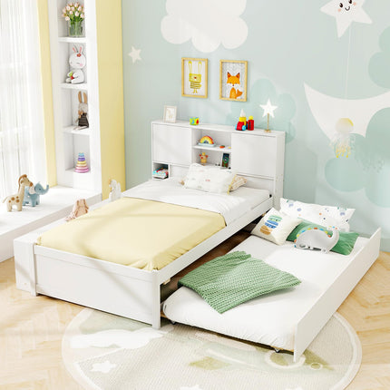Dreamade White Twin Size Bed Frame with Trundle and Bookcase Headboard