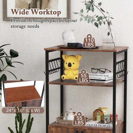Dreamade Kitchen Bakers Rack with Storage, 3-Tier Industrial Microwave Stand with Open Shelves and 10 Removable S-Shaped Hooks