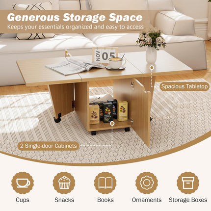 Dreamade Folding Coffee Table 48 Inch Drop Leaf Extendable Center Table with Storage Cabinet & Wheels