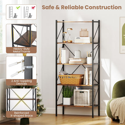 Dreamade 5-Tier Bookshelf, Industrial Tall Bookcase with Open Storage Shelves & Heavy Duty Metal Frame