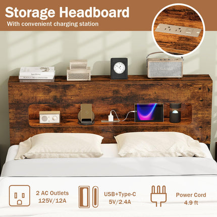 Dreamade Full Size Bed Frame with LED Lights & Charging Station