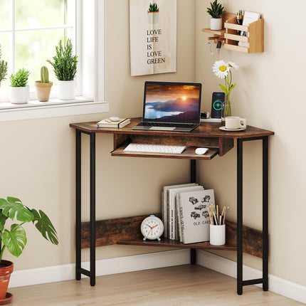 Dreamade Small Corner Desk with Charging Station with Keyboard Tray & Storage Shelf