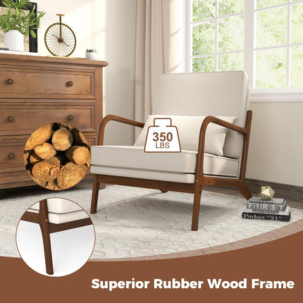 Dreamade Mid Century Modern Accent Chair, Upholstered Armchair with Pillow, Rubber Wood Armrests & Legs
