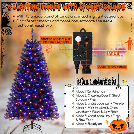 Dreamade 6/7/8 FT Pre-Lit Black Halloween Tree, Artificial Hinged Christmas Tree with 280/380/500 Orange & Purple LED Lights