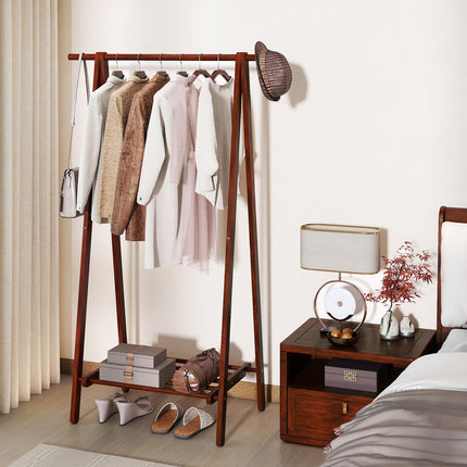 Dreamade Folding Rubber Wood Clothes Hanging Rack Standing Garment Rack with Bottom Storage Shelf