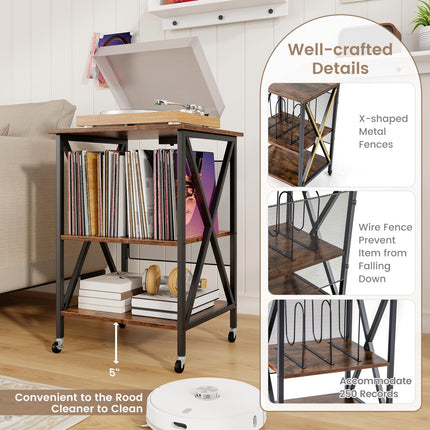 Dreamade Record Player Stand with Charging Station, Turntable Stand with Record Storage & 4 Rolling Wheels