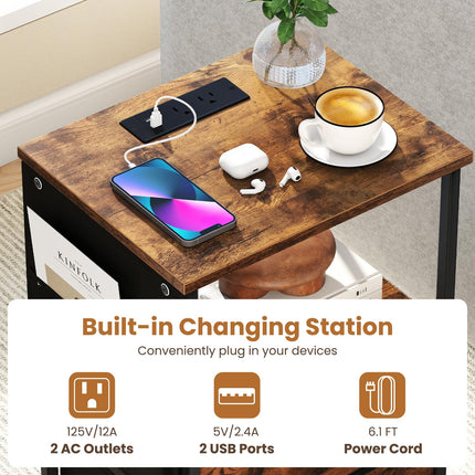 Dreamade Night Stand with Charging Station | LED Sofa End Table w/2 Folding Fabric Drawers