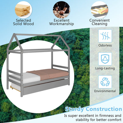 Dreamade House Bed with Trundle, Solid Wood Twin Size Daybed for Girls & Boys