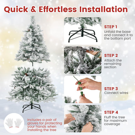 Dreamade Pre-Lit Snow Flocked Christmas Tree, Artificial Hinged Xmas Tree with 160 Multi-Color LED Lights