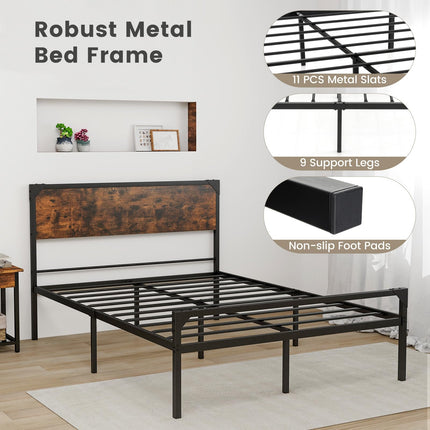 Dreamade Full Size Bed Frame with Rustic Headboard & Footboard, Strong Metal Slat Support Mattress Foundation