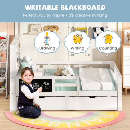 Dreamade Full/Twin Size 2 Storage Drawers, Solid Wood Kids Bed Frame w/Bookcase Headboard & Blackboard
