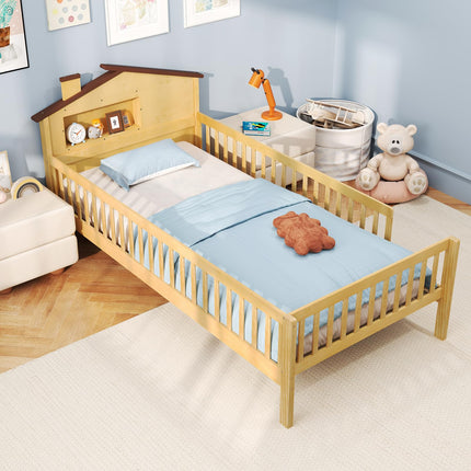 Dreamade Twin Bed Frames for Kids, Solid Wood Montessori Bed with House-Shaped Headboard & Built-in Storage Shelf