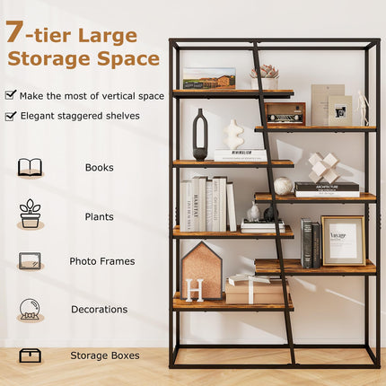 Dreamade 7-Tier Industrial Bookshelf, Heavy-Duty Staggered Bookcase, Freestanding Display Storage Rack