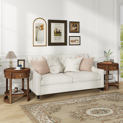 Dreamade Round Side Tables Set of 1/2 | 2-Tier Retro End Tables with Drawer & Shelf