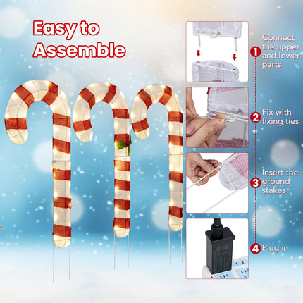 Dreamade Lighted Candy Canes, Set of 3 Christmas Tinsel Candy Cane Decoration with 75 Warm White LED Lights