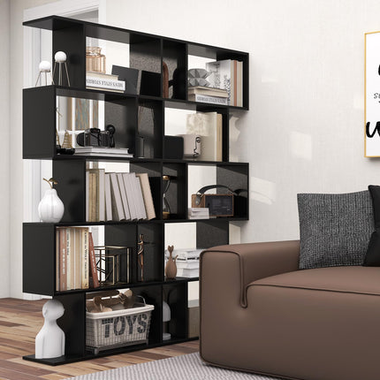 Dreamade 5-Tier Geometric Bookshelf, 62.5" Tall Wood S-Shaped Bookcase with Anti-Tipping Device