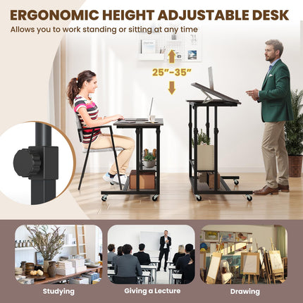 Dreamade Adjustable Rolling Computer Desk with Tilting Desktop and Storage Shelves