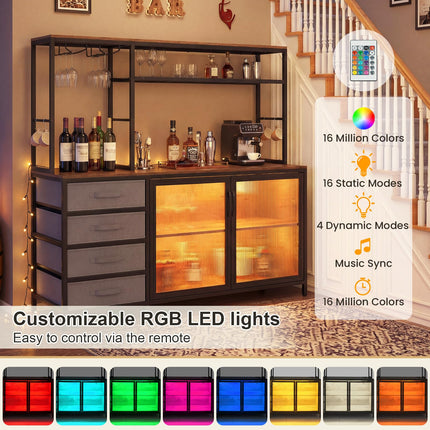 Dreamade Tall Wine Bar Cabinet with LED Lights for Kitchen