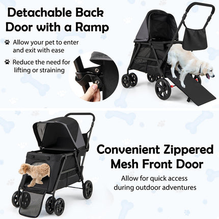 Dreamade Dog Stroller with Low Entry & Ramp Access, Cat Stroller with Lockable & Shock-Absorbing All-Terrain Wheels