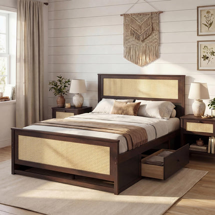 Dreamade Full/Twin Size Rattan Bed Frame with 2 Storage Drawers