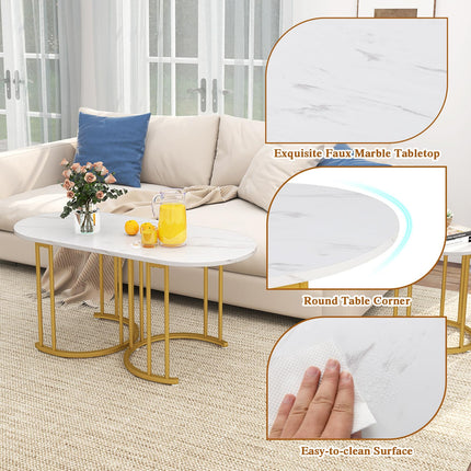 Dreamade Nesting Coffee Table Set of 3, Stacking Side Tables with Faux Marble Tabletop & Gold Metal Frame