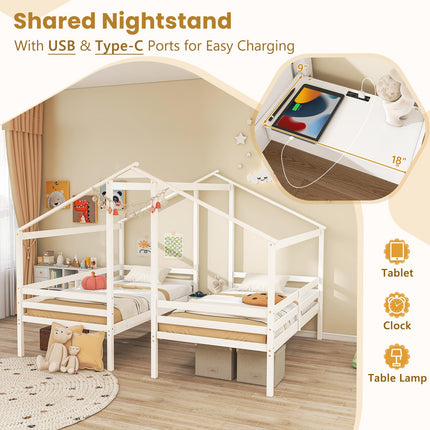 Dreamade Double Twin Bed Frames for Kids, Wood House Shaped Platform with Built-in Nightstand & USB Port
