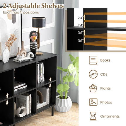 Dreamade 6 Cube Bookcase, 3-Tier 47" Long Wood Bookshelf w/ 5 Metal Legs, Adjustable Shelf, Anti-toppling Device
