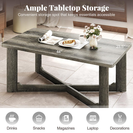 Dreamade Farmhouse Wood Coffee Table Rectangle Center Table with X-Shaped Base & Rubber Wood Frame
