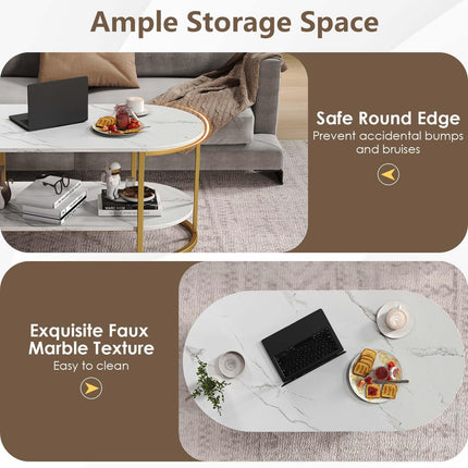 Dreamade 2-Tier Coffee Table Oval Center Table with Wood Grain Top & Open Storage Shelf