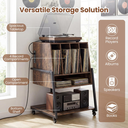Dreamade Record Player Stand on Wheels | 3-Tier Turntable Stand with Charging Station