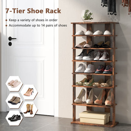 Dreamade 7-Tier Wooden Shoe Rack, Double Row Shoe Organizer for 14 Pairs, Customizable Height