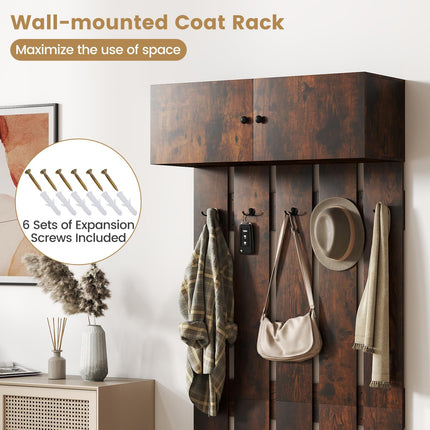 Dreamade Wall Mounted Coat Rack 2-in 1 Hall Tree w/ 5 Double Hooks & 2-Door Cabinet