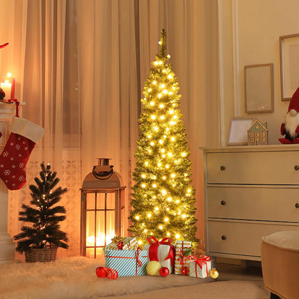 Dreamade 5ft Pre-Lit Pencil Christmas Tree, Artificial Slim Xmas Tree with 150 Warm-White LED Lights