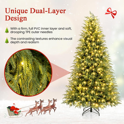 Dreamade 7 FT Pre-Lit Artificial Christmas Tree, Hinged Faux Xmas Tree with 1217 Soft TPE & PVC Mixed Branch Tips