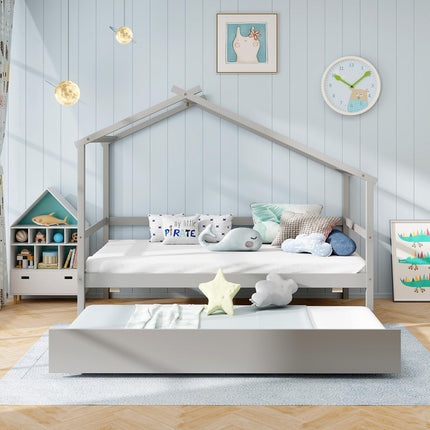 Dreamade Wood House Bed for Kids, Twin Bed Frame with Trundle Bed Twin
