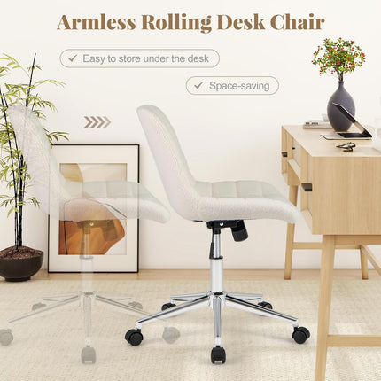 Dreamade Armless Office Chair, Modern Faux Fur White Vanity Chair with Wheels & Adjustable Height