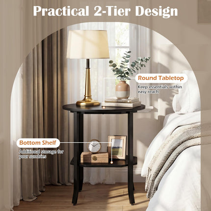 Dreamade 2-Tier Round Small Sofa Couch End Table with Storage Shelf & Steel Frame