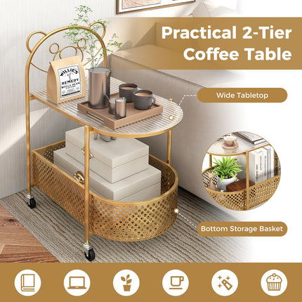 Dreamade Mobile Glass Coffee Table, 2-Tier Modern Cocktail Table with Bear Pattern, Storage Basket & Metal Frame