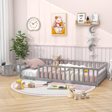 Dreamade Twin Floor Bed with Door & Fence, Kids Wood Montessori Bed with Safety Guardrails