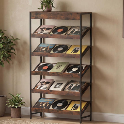 Dreamade 6-Tier Industrial Tall Bookcase with Angled Shelves and Metal Frame