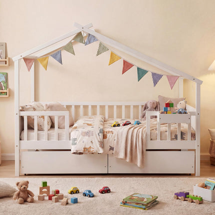 Dreamade Full Size House Bed with Roof and Fence Rails for Kid