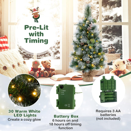 Dreamade 3ft Pre-Lit Mini Tabletop Christmas Tree with 30 Warm White LED Lights, Timer, 98 Flocked PVC & Pine Needles